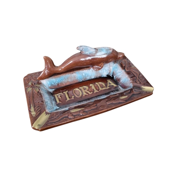 Vintage MCM Florida Dolphin Pottery Drip Glazed Ash Tray / Trinket Dish - Picture 4 of 10